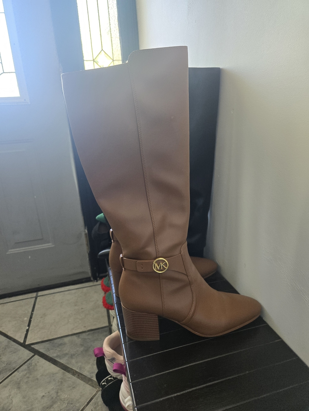 Michael Kors Brown Knee-High Block Heel Boots with MK Buckle